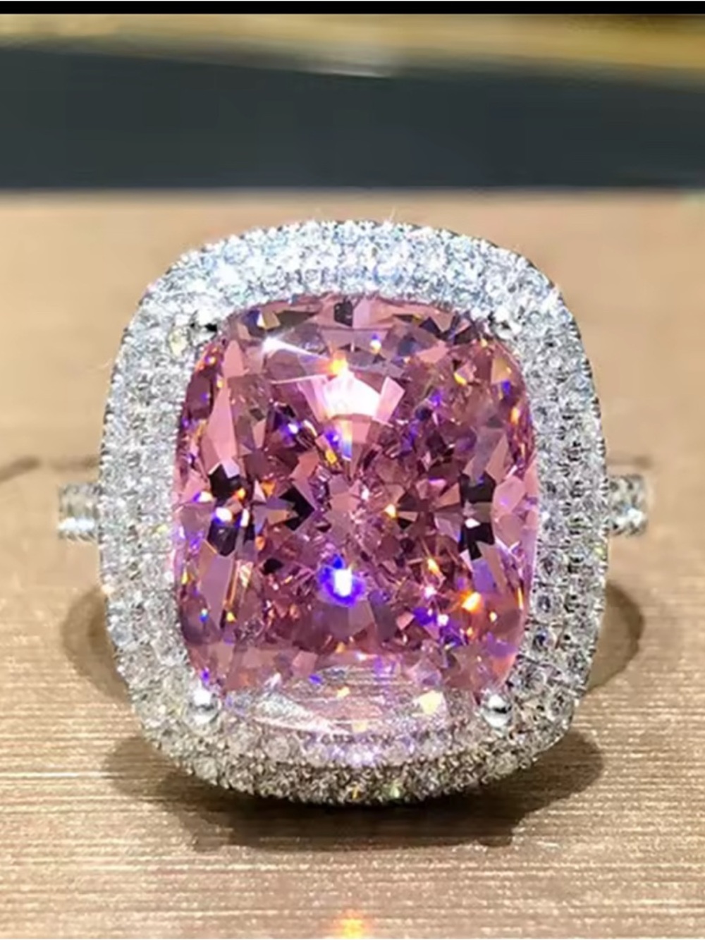 Elegant Pink Cushion Halo Ring with Pavé Accents